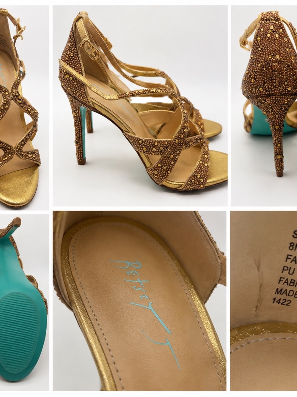 Betsey Johnson Gold Jeweled Strappy High Heel Sandals - Picture 1 of 4